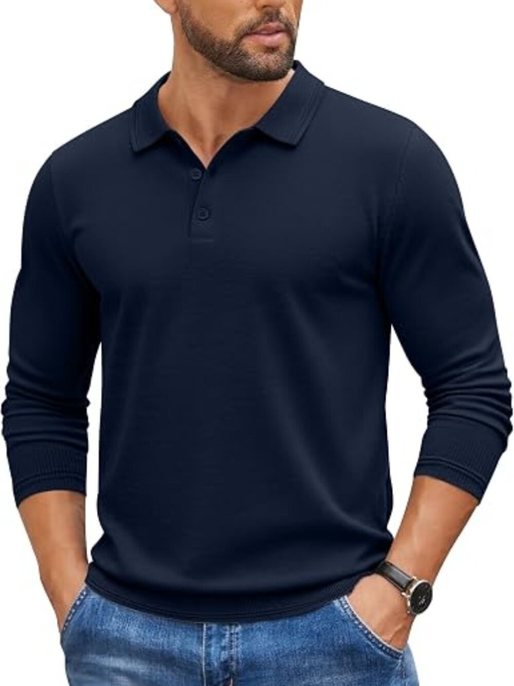 Coofandy Men's Polo Slim Fit Navy Blue Collared Long Sleeve Ribbed Sweater-S